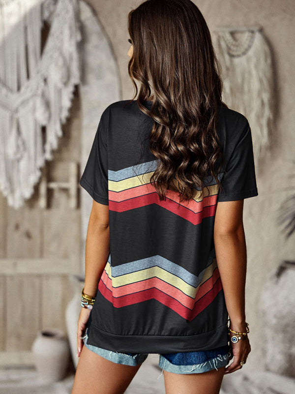 Women's round neck T-shirt rainbow strip top - FashionistaDeal