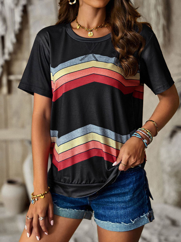 Women's round neck T-shirt rainbow strip top - FashionistaDeal