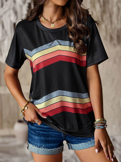 Women's round neck T-shirt rainbow strip top - FashionistaDeal