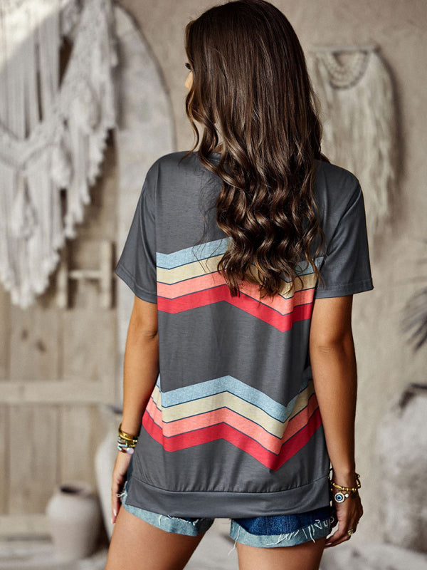 Women's round neck T-shirt rainbow strip top - FashionistaDeal