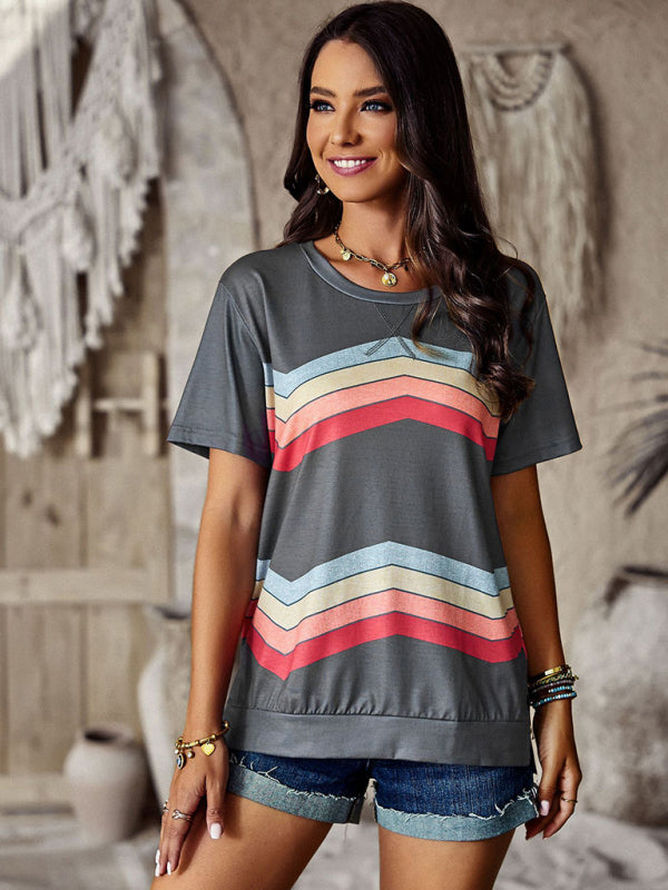 Women's round neck T-shirt rainbow strip top - FashionistaDeal