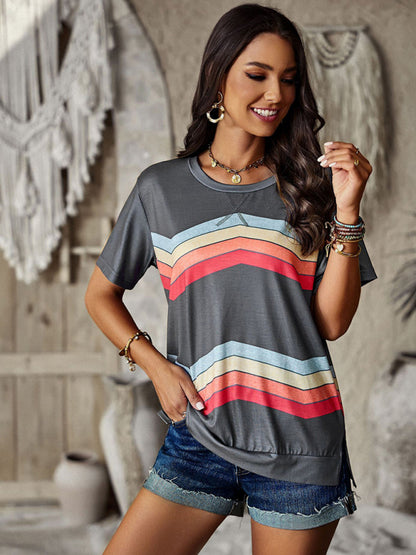 Women's round neck T-shirt rainbow strip top - FashionistaDeal