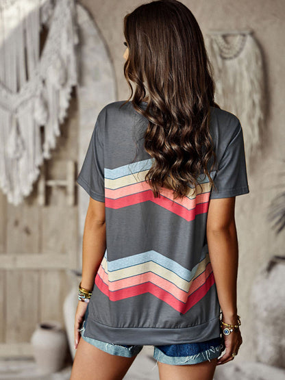 Women's round neck T-shirt rainbow strip top - FashionistaDeal