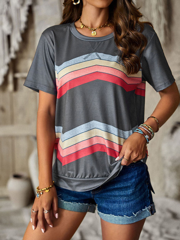 Women's round neck T-shirt rainbow strip top - FashionistaDeal