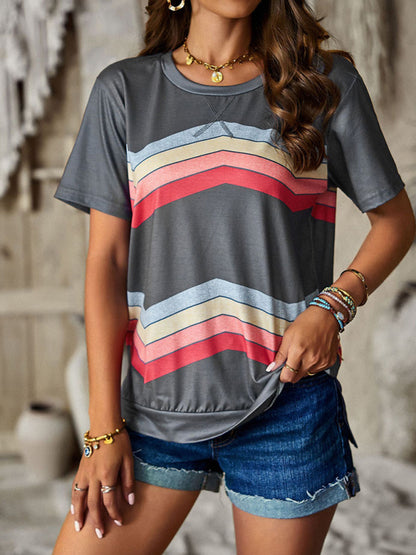 Women's round neck T-shirt rainbow strip top - FashionistaDeal