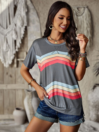 Women's round neck T-shirt rainbow strip top - FashionistaDeal