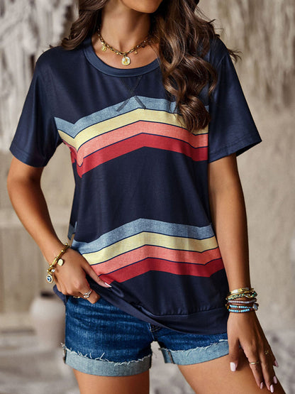 Women's round neck T-shirt rainbow strip top - FashionistaDeal