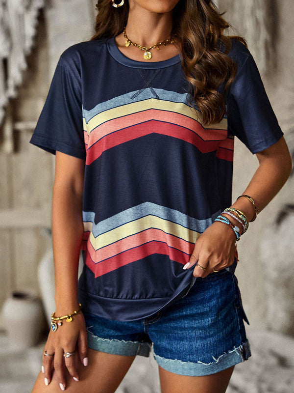 Women's round neck T-shirt rainbow strip top - FashionistaDeal