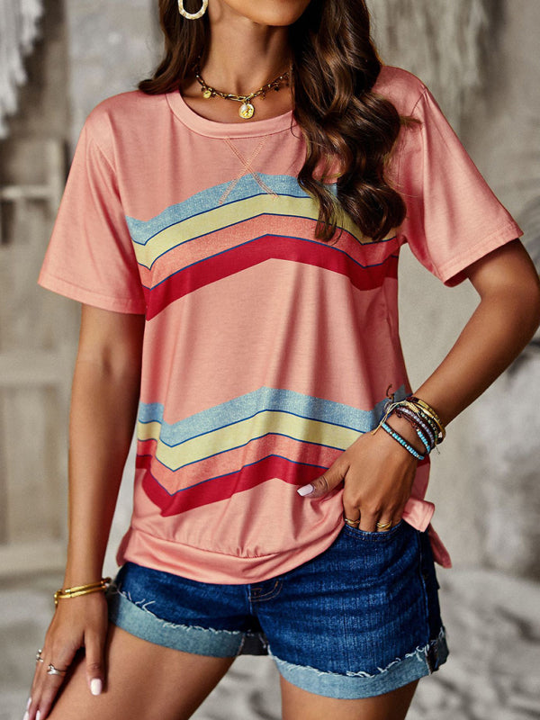 Women's round neck T-shirt rainbow strip top - FashionistaDeal