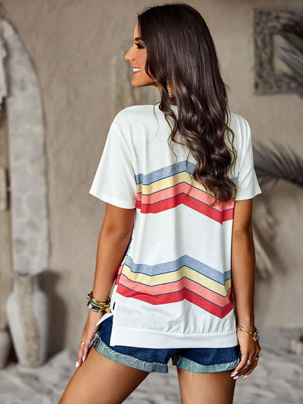 Women's round neck T-shirt rainbow strip top - FashionistaDeal