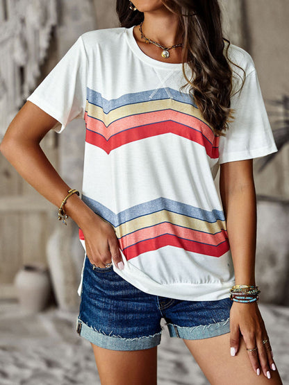 Women's round neck T-shirt rainbow strip top - FashionistaDeal