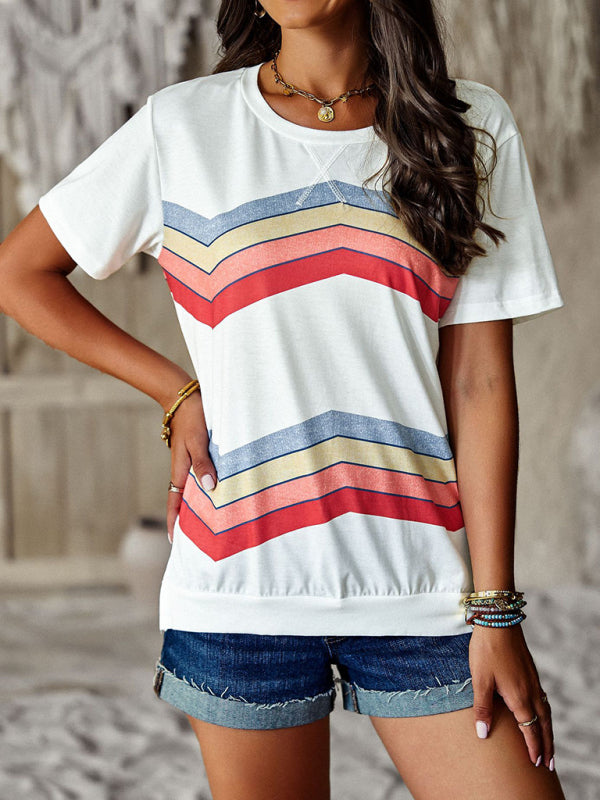 Women's round neck T-shirt rainbow strip top - FashionistaDeal