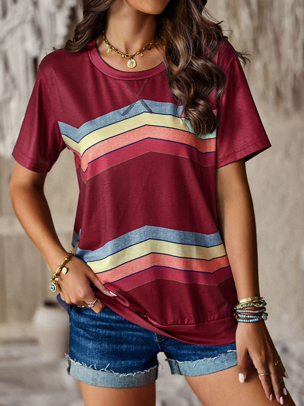 Women's round neck T-shirt rainbow strip top - FashionistaDeal