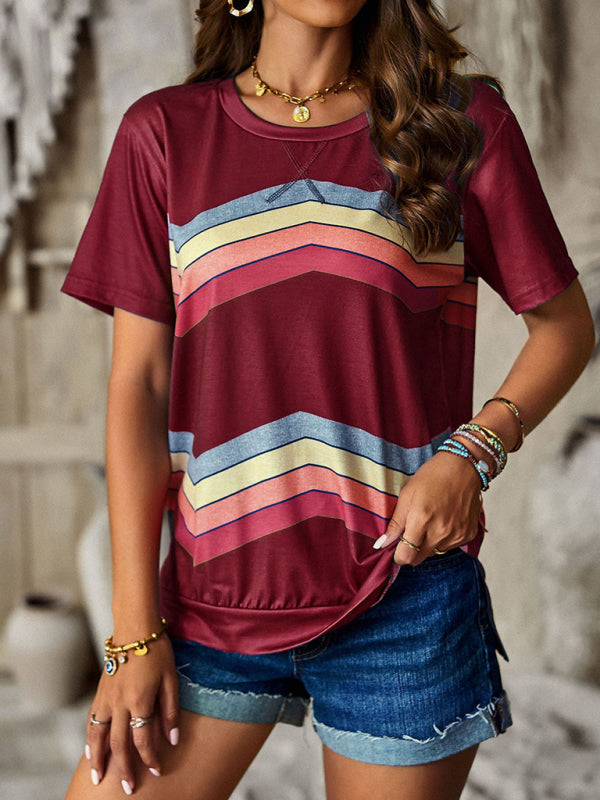 Women's round neck T-shirt rainbow strip top - FashionistaDeal