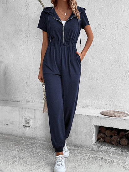 Hooded Zip Loose Casual Cargo Jumpsuit - FashionistaDeal