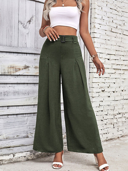 women's summer high waist wide leg casual pants with belt - FashionistaDeal