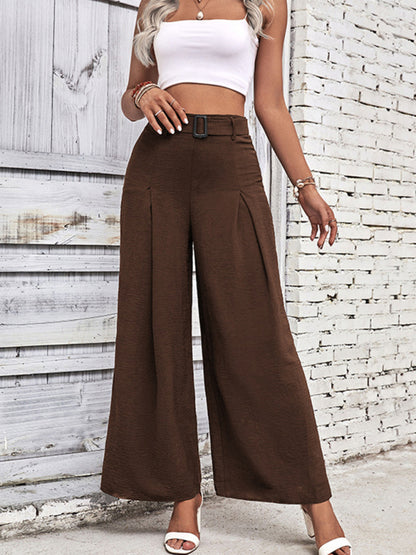 women's summer high waist wide leg casual pants with belt - FashionistaDeal