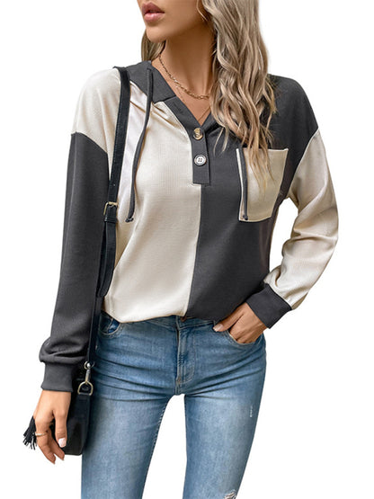 New women's long-sleeved contrast color hooded sweater - FashionistaDeal