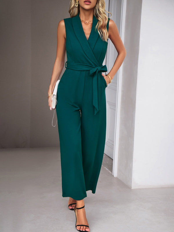 New women's elegant V-neck tie commuter sleeveless jumpsuit - FashionistaDeal