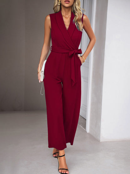 New women's elegant V-neck tie commuter sleeveless jumpsuit - FashionistaDeal