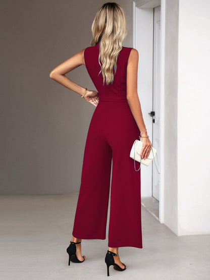 New women's elegant V-neck tie commuter sleeveless jumpsuit - FashionistaDeal