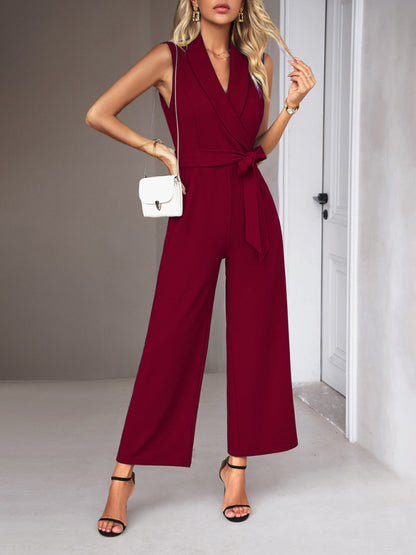 New women's elegant V-neck tie commuter sleeveless jumpsuit - FashionistaDeal