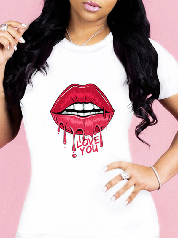 Women's sexy leopard print lips t-shirt round neck short-sleeved T-shirt - FashionistaDeal