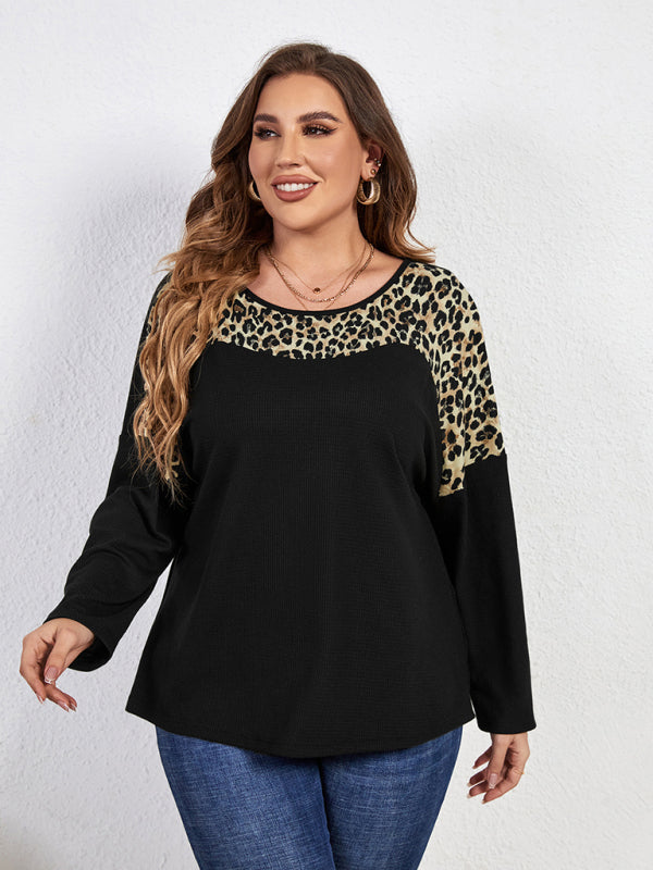 New Fashion Temperament Leopard Print Long Sleeve Round Neck Plus Size Top - FashionistaDeal