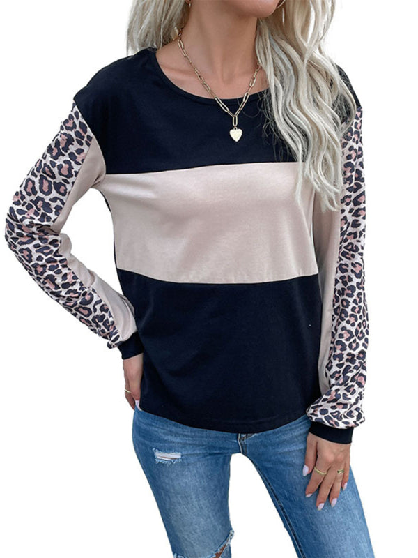 Women's fashion Loose Casual Top Leopard Stitching Long Sleeve T-Shirt - FashionistaDeal