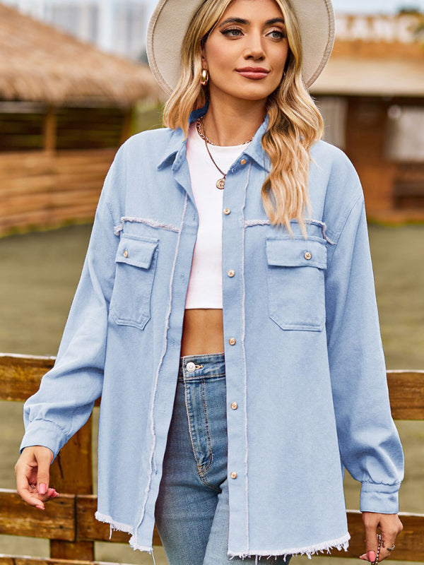 New denim raw edge washed tassel top casual shirt - FashionistaDeal