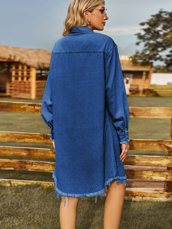 New Retro Washed Denim Loose Casual Long Sleeve Raw Edge Dress - FashionistaDeal