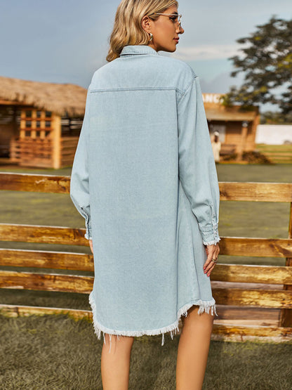 New Retro Washed Denim Loose Casual Long Sleeve Raw Edge Dress - FashionistaDeal