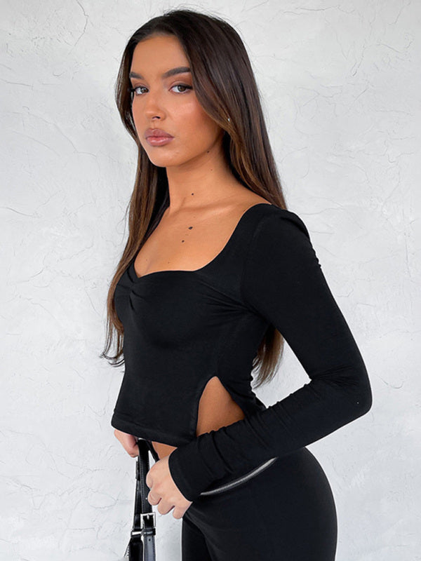 New Solid Color Square Neck Long Sleeve Gathered Side Slit Top T-Shirt - FashionistaDeal