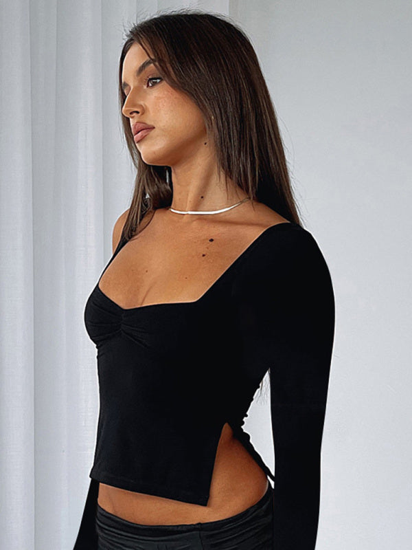 New Solid Color Square Neck Long Sleeve Gathered Side Slit Top T-Shirt - FashionistaDeal