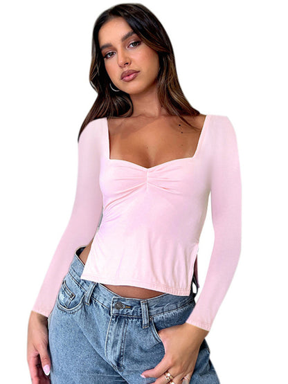 New Solid Color Square Neck Long Sleeve Gathered Side Slit Top T-Shirt - FashionistaDeal