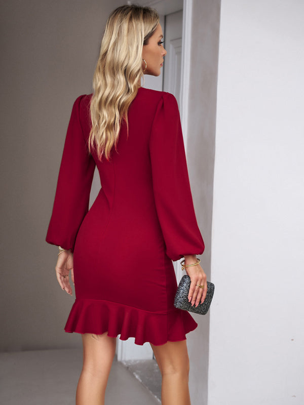 Women's Elegant Puff Sleeve Ruffle Trim Solid Dress