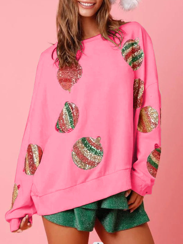 Sequin embroidered fashionable round neck long sleeve sequin patchwork Christmas sweatshirt - FashionistaDeal