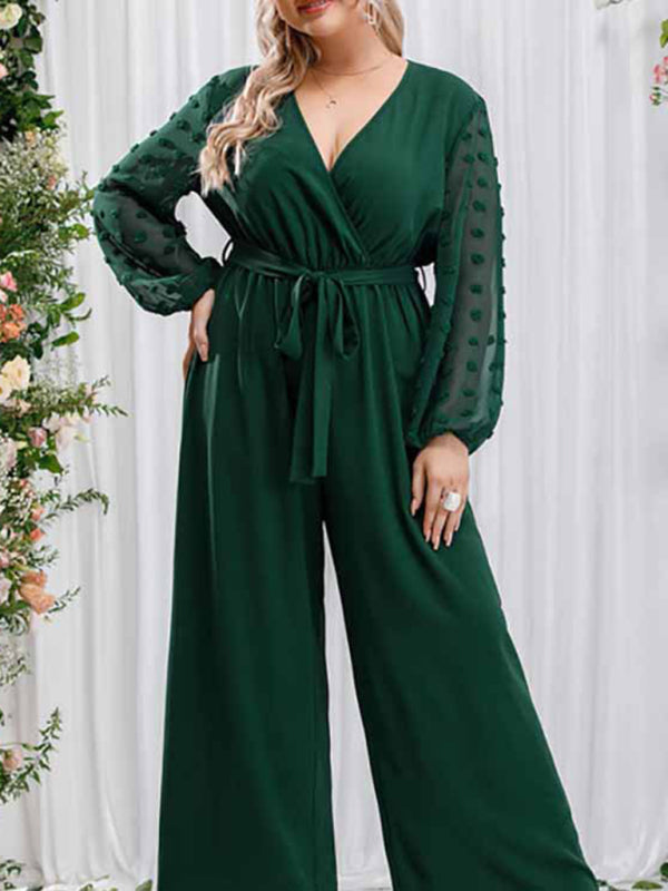 New Plus Size Women's Sexy Bowknot Lady Lace Straight Loose High Waist Solid Color Jumpsuit - FashionistaDeal