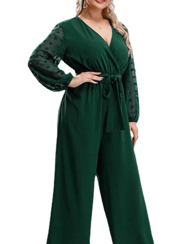 New Plus Size Women's Sexy Bowknot Lady Lace Straight Loose High Waist Solid Color Jumpsuit - FashionistaDeal