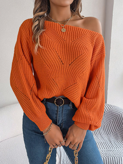 Women's hollow one-line collar off-shoulder lantern sleeve sweater - FashionistaDeal