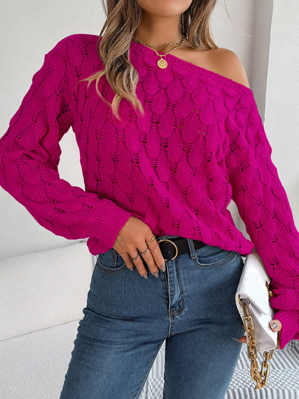 Women's feather hollow one-line collar off-shoulder lantern sleeve sweater - FashionistaDeal