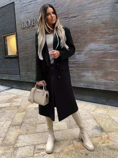 women's long sleeve suit collar double breasted woolen coat coat - FashionistaDeal