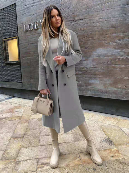 women's long sleeve suit collar double breasted woolen coat coat - FashionistaDeal