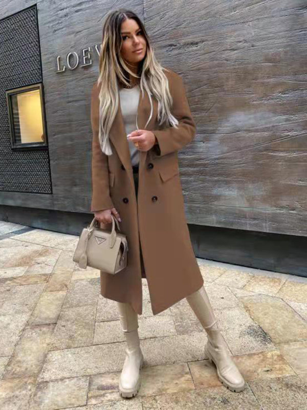 women's long sleeve suit collar double breasted woolen coat coat - FashionistaDeal