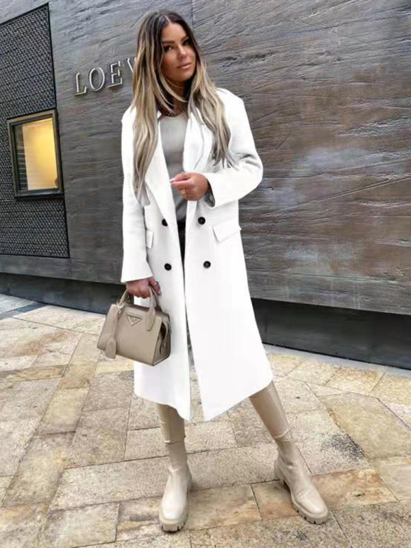 women's long sleeve suit collar double breasted woolen coat coat - FashionistaDeal