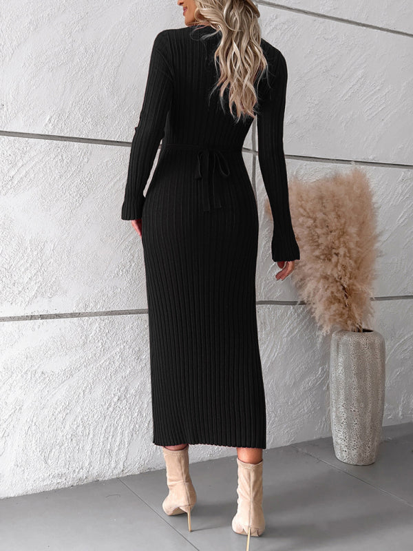 Women's new style elegant solid color v-neck long-sleeved sweater dress - FashionistaDeal