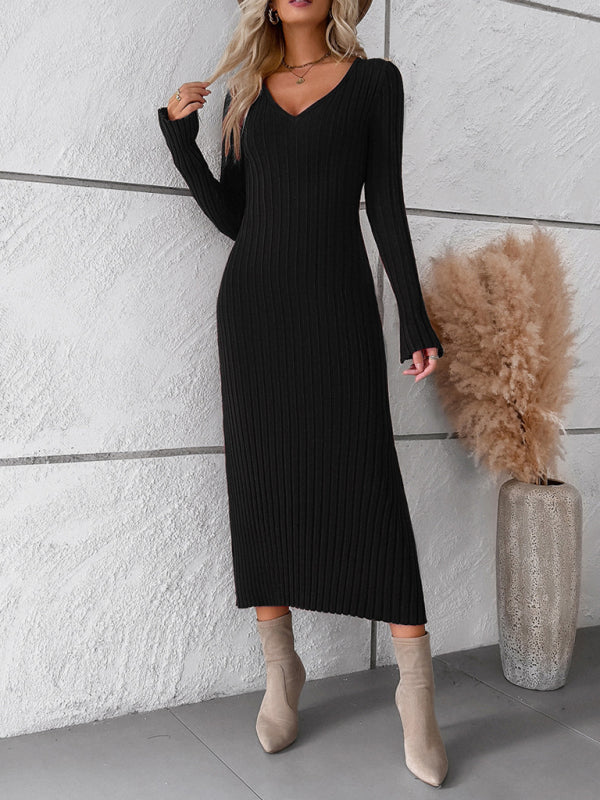 Women's new style elegant solid color v-neck long-sleeved sweater dress - FashionistaDeal