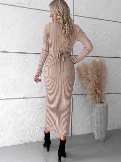 Women's new style elegant solid color v-neck long-sleeved sweater dress - FashionistaDeal