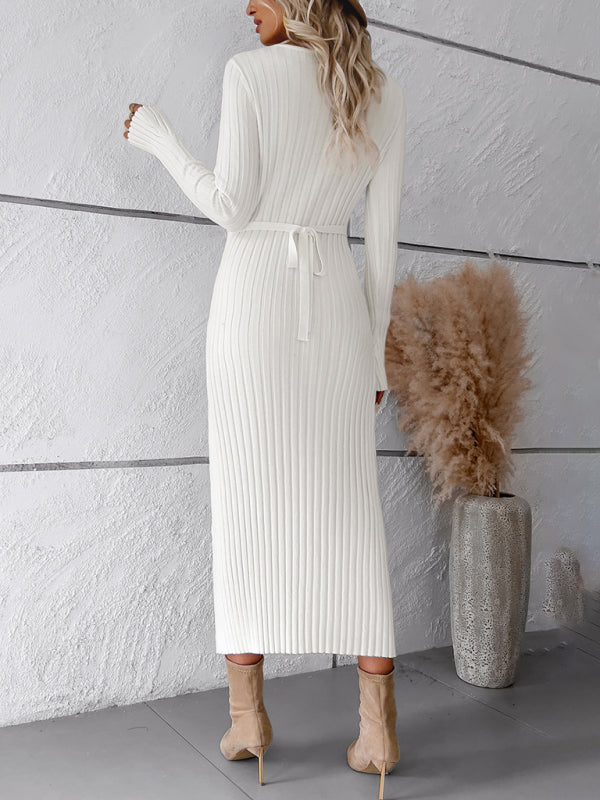 Women's new style elegant solid color v-neck long-sleeved sweater dress - FashionistaDeal