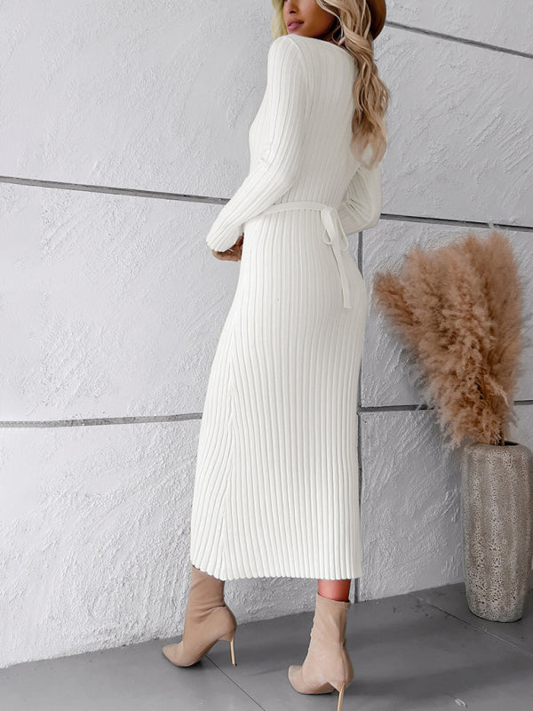 Women's new style elegant solid color v-neck long-sleeved sweater dress - FashionistaDeal